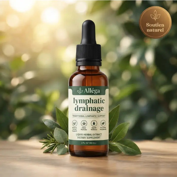 Flacon de gouttes de drainage lymphatique Alléga aux extraits de plantes, posé sur une table en bois avec des feuilles fraîches